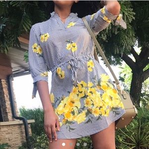 black and white striped dress with yellow flowers